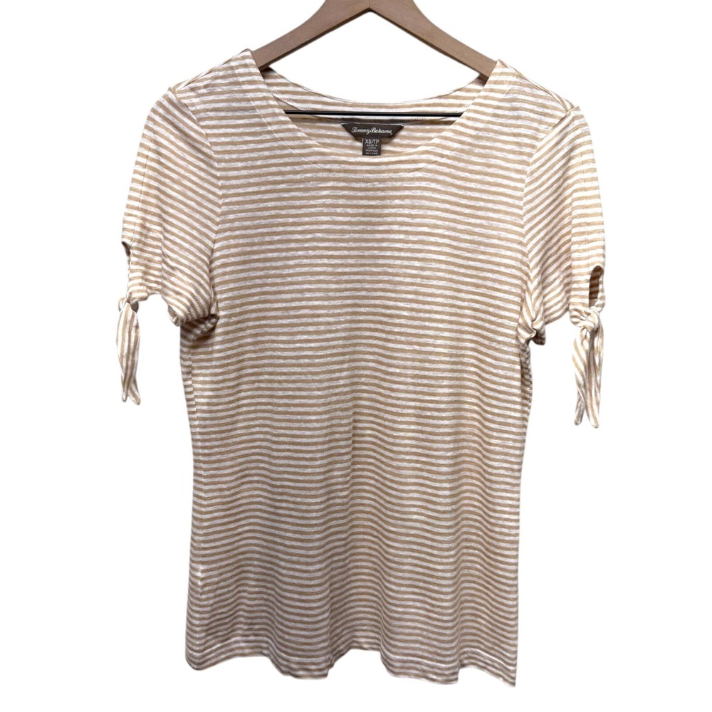 Tommy Bahama Womens 100% Linen Top XS Yellow White Striped Tie Sleeve Pullover
